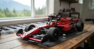 An aerodynamic Formula 1 race car built using an advanced LEGO Technic building set for Canadian motorsport fans.
