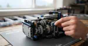 Close-up view of functional gearboxes inside an advanced LEGO Technic engineering set, popular with hobbyists in Canada.