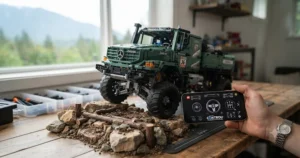 A smartphone app controlling a motorized advanced LEGO Technic vehicle via Bluetooth technology in Canada.