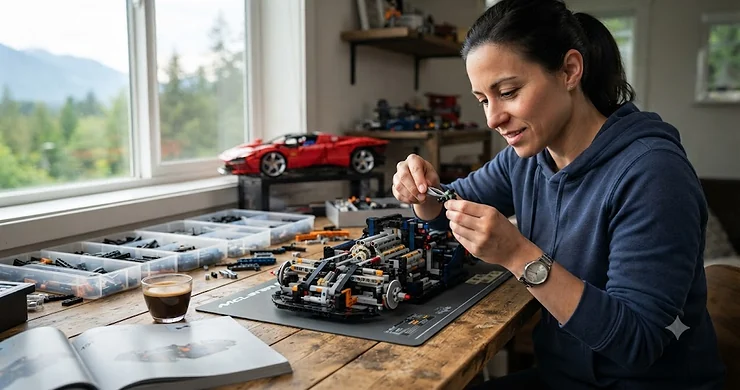 An advanced LEGO Technic supercar model on display, showcasing intricate mechanical gearboxes for adult builders across Canada.