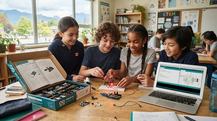 Canadian children learning coding together with an Arduino starter kit in a bright classroom. Arduino starter kit kids