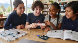 Kids proudly holding a successful DIY LED circuit built using an Arduino starter kit.