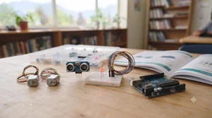 Close-up of motors, sensors, and wires from an Arduino starter kit arranged for a beginner project.