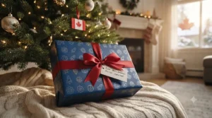 A wrapped educational robotics kit gift resting under a festive tree, popular for birthdays and holidays across Canada.