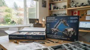 A robotics kit box featuring both English and French packaging text, tailored for bilingual Canadian families and educators.
