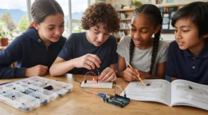 A young student connecting wires on a breadboard for an educational Arduino project in Canada.