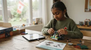 Child learning basic coding with a robot toy. Enfant apprenant le codage avec un robot.