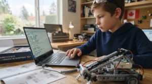 Close-up of a 10-year-old programming a robotics kit via a laptop, highlighting beginner-friendly STEM software used in Canadian schools.