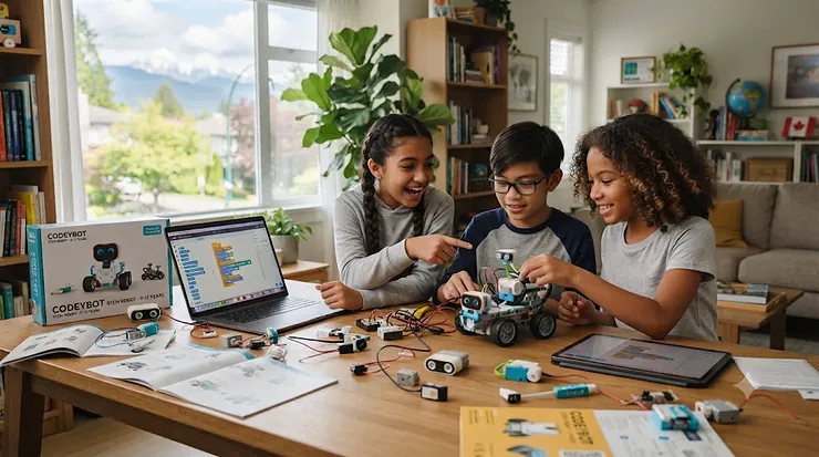Canadian kids aged 9 to 12 building and programming advanced STEM robots and coding toys at home.