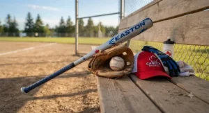 Lightweight baseball bat and leather glove for kids.