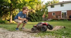 Child playing with a rugged RC monster truck on a backyard grass lawn.