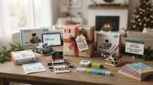 Holiday gift guide vector graphic featuring top educational coding toys for Canadian kids 9-12.