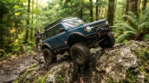 Electric off-road RC truck splashing through muddy terrain.
