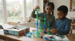 Engineering marble run building set for kids. Jeu de construction de circuit à billes pour enfants.