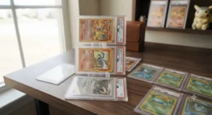 Professionally graded Pokemon cards in protective display cases. Cartes Pokémon certifiées et classées dans des étuis de protection.