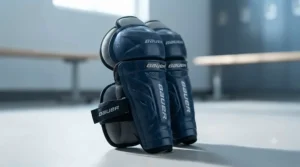 Adjustable hockey shin guards providing essential knee protection for kids.