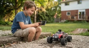 A child using a smartphone to control an advanced, app-enabled RC car model.