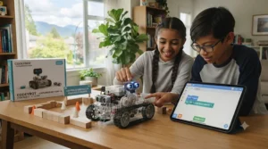 Cartoon illustration of an interactive app-controlled robot toy built by kids aged 9-12.