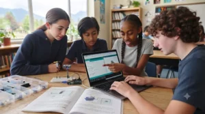 A child writing code on a laptop to program an Arduino micro-controller for a school science fair.