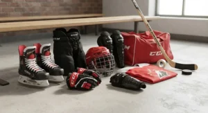 Complete set of kids hockey protective gear and skates.