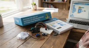 Hands-on Python programming kit components laid out on a table for young Canadian students.