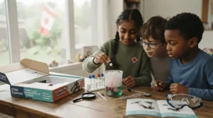 Young child exploring science with an experiment kit. Enfant explorant la science avec un kit d'expérience.