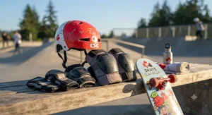 Safety helmet and pads for kids skateboarding.