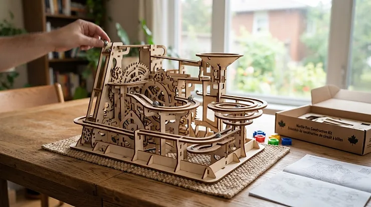 Assembled marble run construction kit on a wooden table.