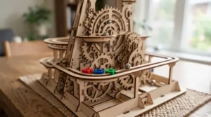 Organized wooden laser-cut parts for the marble run kit.