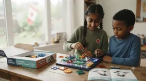 Kids playing a logic game to develop math skills. Enfants jouant à un jeu de logique mathématique.