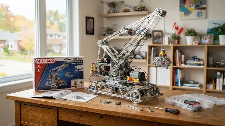Featured image showcasing Meccano advanced sets assembled into intricate engineering models, displayed in a Canadian home setting with bilingual English and French packaging visible.
