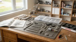 Detailed close-up illustration of steel Meccano advanced sets pieces and metal parts organized for a complex mechanical building project popular among Canadian hobbyists.