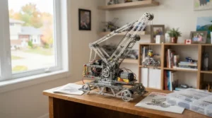 Showcase illustration of a finished skyscraper model built using Meccano advanced sets, highlighting precision engineering and creative play for Canadian youth.