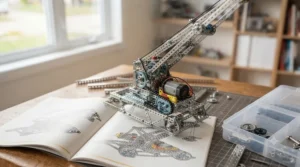 Illustration depicting a specialized motor and gear mechanism integrated into a Meccano advanced sets construction kit, tailored for advanced Canadian constructors.