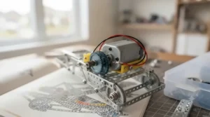 Illustration of a parent and child in Canada building a sophisticated robotic vehicle together using Meccano advanced sets, promoting intergenerational learning.