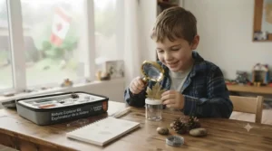Child using a magnifying glass in a nature kit. Enfant utilisant une loupe dans un kit d'exploration.