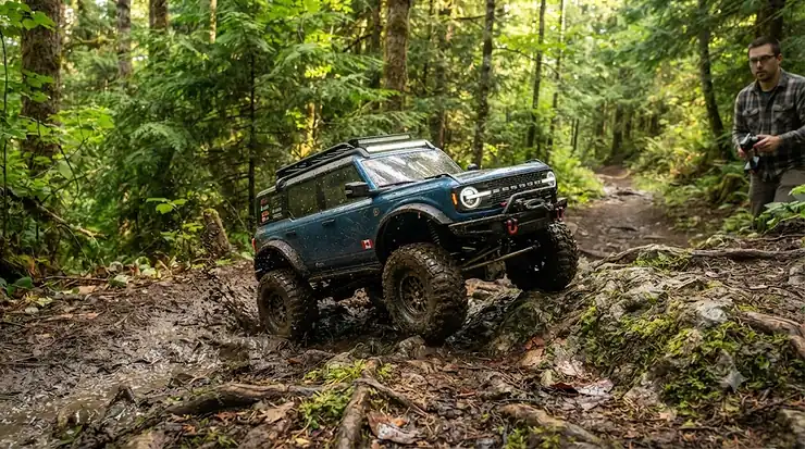 Durable off-road RC trucks driving on Canadian dirt trails.
