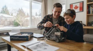 A parent and their 10-year-old child smiling together while testing a newly constructed robotics kit at home in Canada.