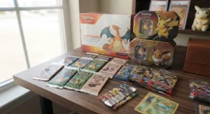 Assorted unopened Pokemon booster packs and collector tins. Assortiment de boosters Pokémon non ouverts et boîtes de collection.