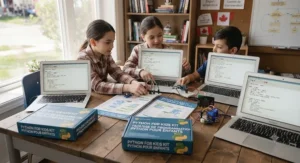 Interactive screen showing a fun game created with the Python for kids programming kit.