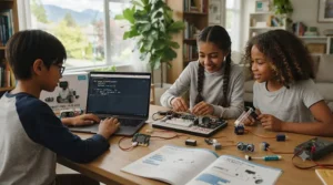 Vector illustration showing text-based programming and Python learning tools for kids ages 9-12.