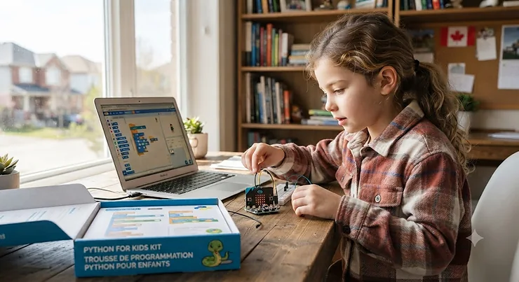 Canadian child learning to code with the Python for kids kit on a laptop at a wooden desk.
