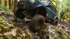Close-up of high-performance suspension on off-road RC truck.