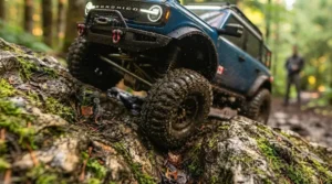 Off-road RC truck performing jumps in Canadian winter snow.