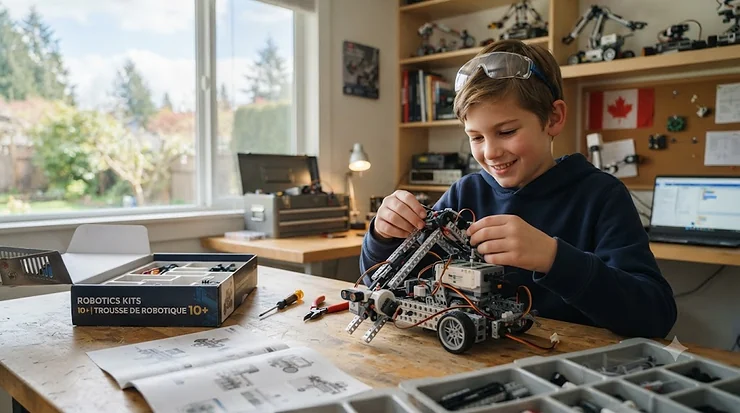 A 10-year-old child in Canada building an advanced STEM robotics kit at a wooden table, showcasing hands-on learning. robotics kits 10 year old