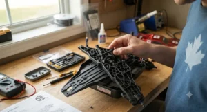High-quality, safety-certified RC car being inspected for its durable plastic frame.