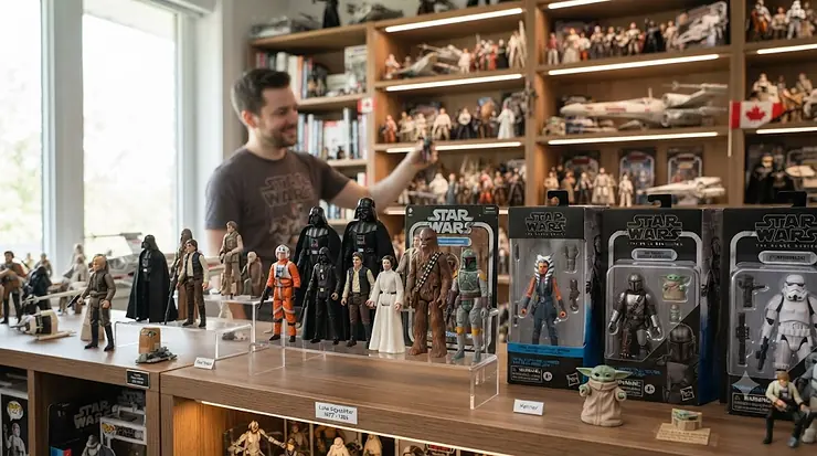 A vast collection of vintage and modern Star Wars figures displayed on shelves for Canadian collectors.