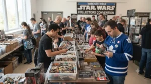 Enthusiastic collectors browsing Star Wars figures at a hobby show event in Canada.