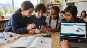 Students collaborating on a STEM robotics project with an Arduino starter kit in a modern school.