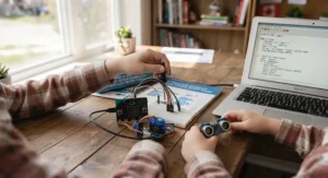 Students in a Canadian classroom collaborating on a STEM project with the Python for kids kit.
